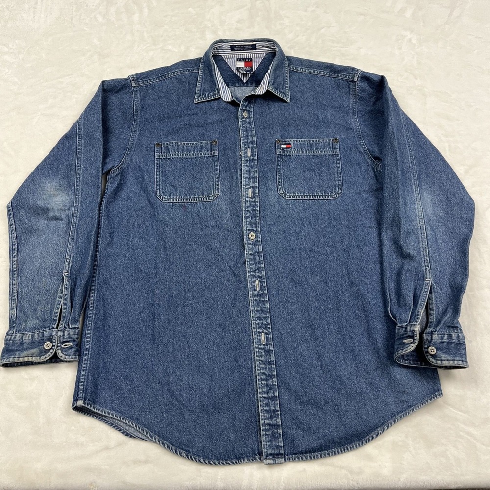 Tommy Hilfiger Denim Shirt Mens XL Blue Long Sleeve Button Down Flag Logo